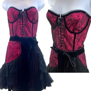 Alice + Olivia Pink Black Lace Bustier Corset Ruffle Belted Mini Dress Sz 6 NWT